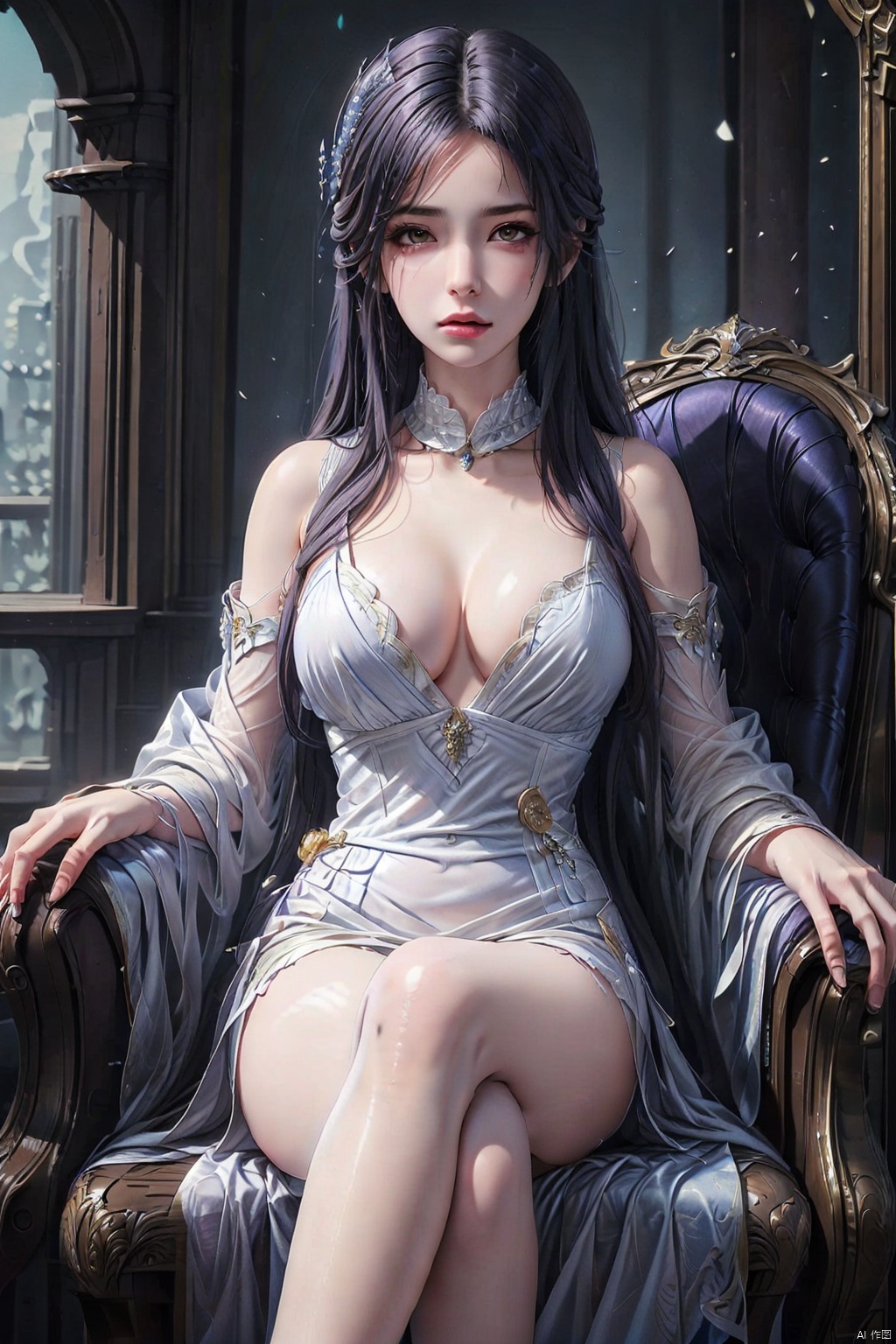 (((masterpiece))),best quality, illustration,(beautiful detailed girl), a girl ,solo,bare shoulders,flat_chst,diamond and glaring eyes,beautiful detailed cold face,very long blue and sliver hair,floaing black feathers,wavy hair,black and white sleeves,gold and sliver fringes,a (blackhole) behind the girl,a silver triple crown inlaid with obsidian,(sit) on the black ((throne)), (depth) of (field)