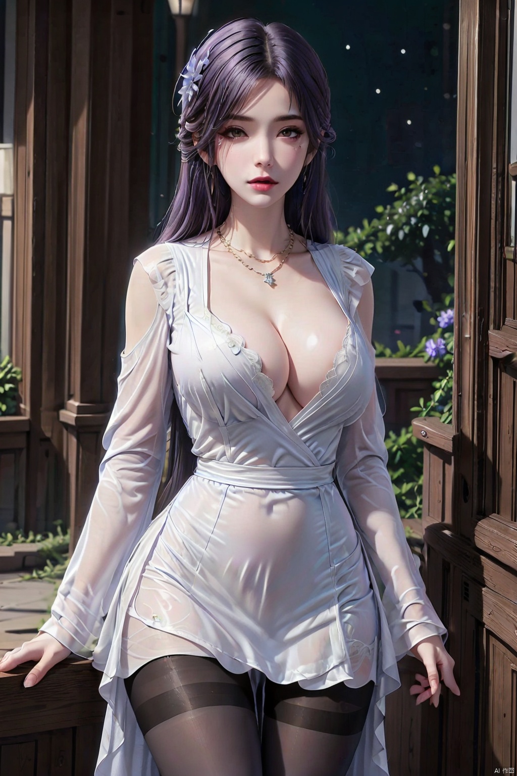  1girl, breasts, jewelry, dress, solo, white dress, long hair, necklace, cleavage, white hair, earrings, pantyhose, bracelet, looking at viewer, large breasts, red lips, blurry background, blurry, coat, tiara, makeup, night, cowboy shot, huge breasts, jacket, mature female, black pantyhose, collarbone, open coat, outdoors, bsx,moyou, yunxi,purple hair, blackpantyhose,purpleeyes,hair ornament,print legwear,argyle legwear