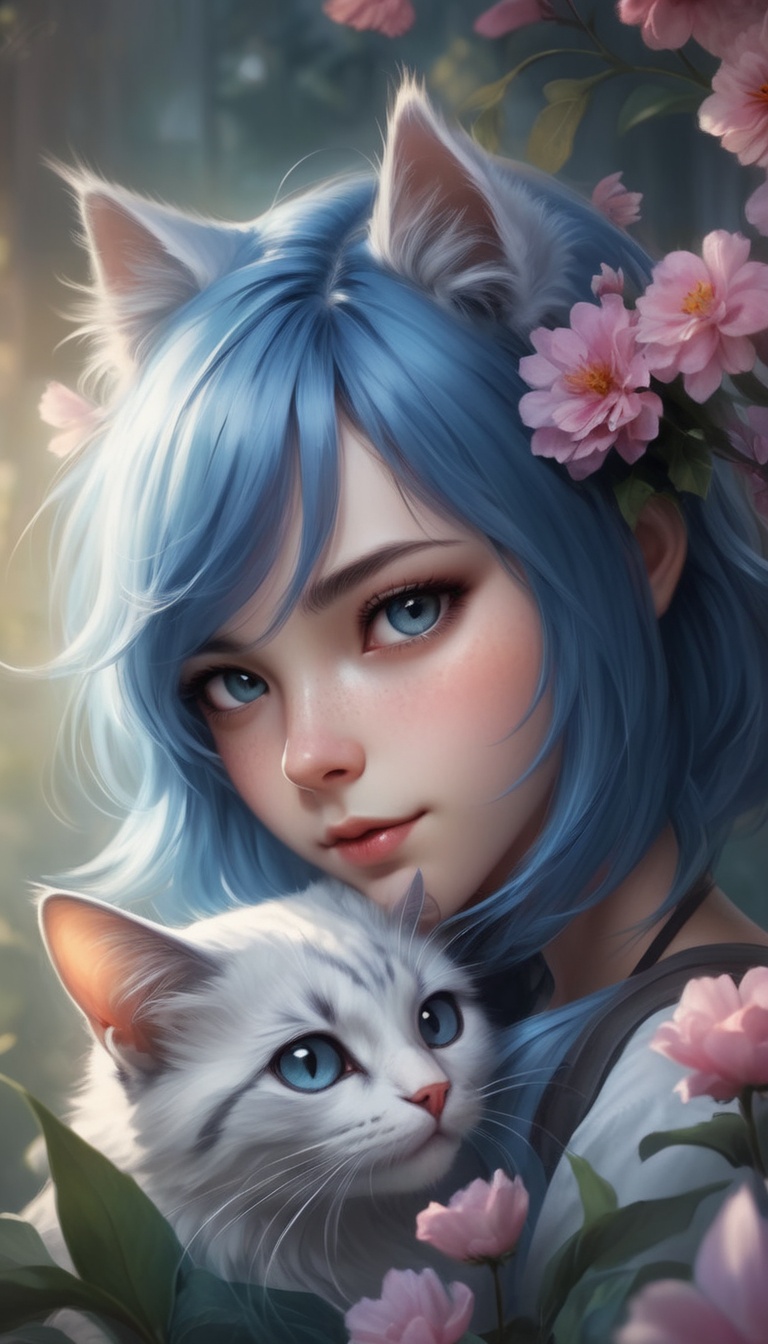 Beautiful girl with a furry cat,  blue hair,  by Artgerm cartoon on Tensor.Art