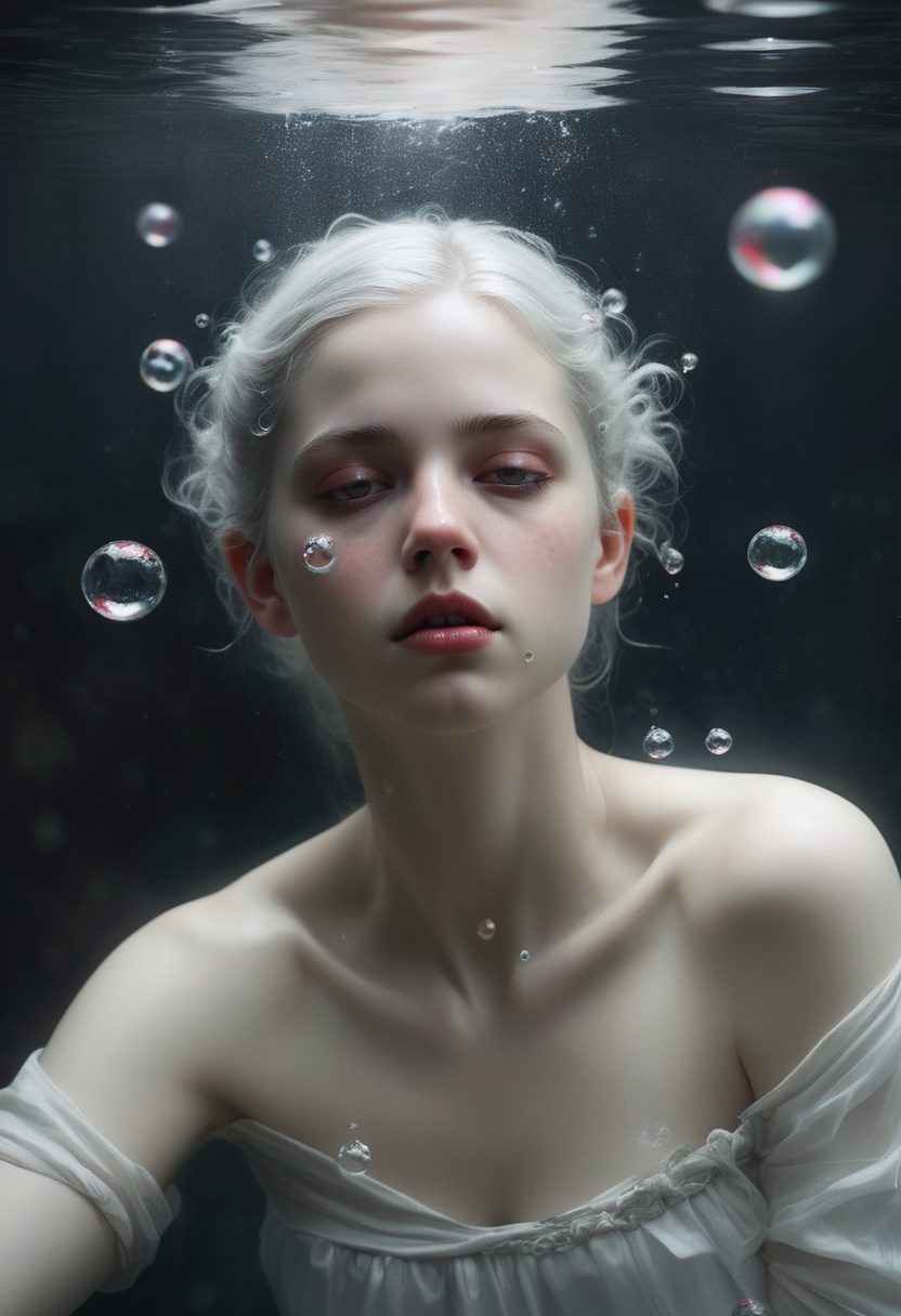 portrait of a woman under water,  pale white skin and pale white hair,  open red eyes on Tensor.Art