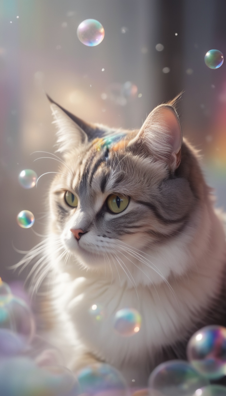 Fluffy cute cat surrounded by white foam,  around many large soap bubbles shimmering with rainbow colors,  festive atmosph...