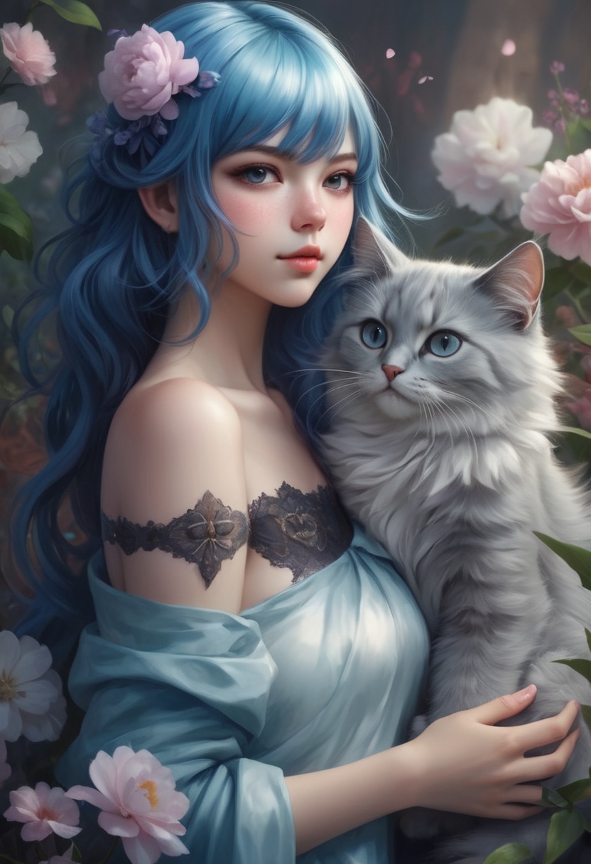 Beautiful girl with a furry cat,  blue hair,  by Artgerm cartoon on Tensor.Art