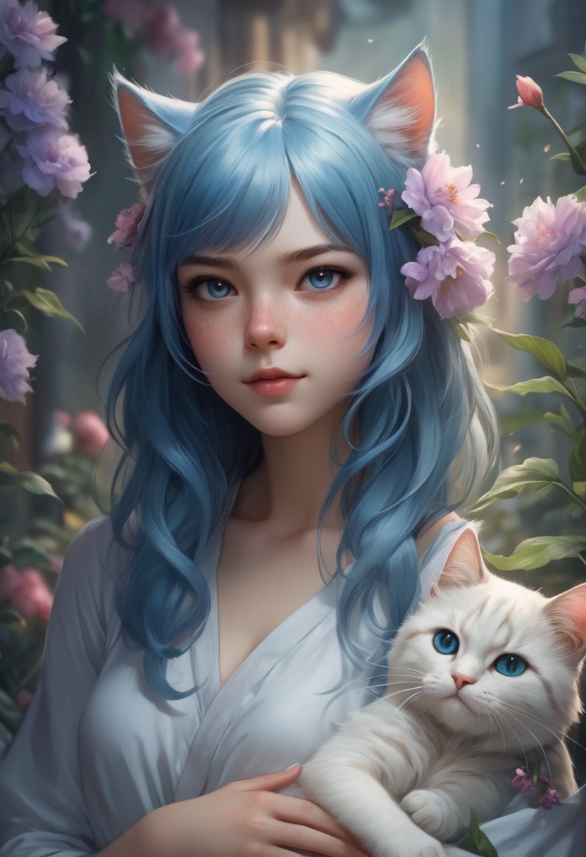 Beautiful girl with a furry cat,  blue hair,  by Artgerm cartoon on Tensor.Art