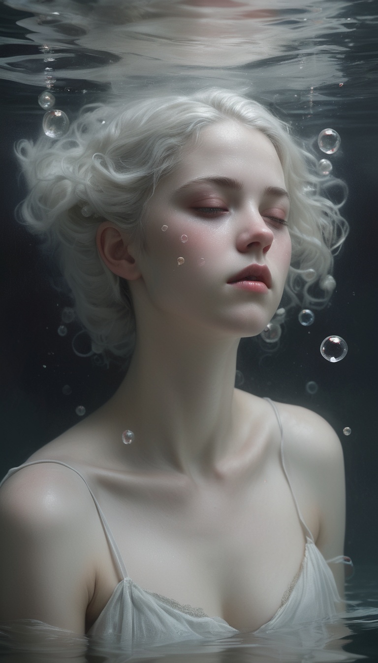 portrait of a woman under water,  pale white skin and pale white hair,  open red eyes on Tensor.Art