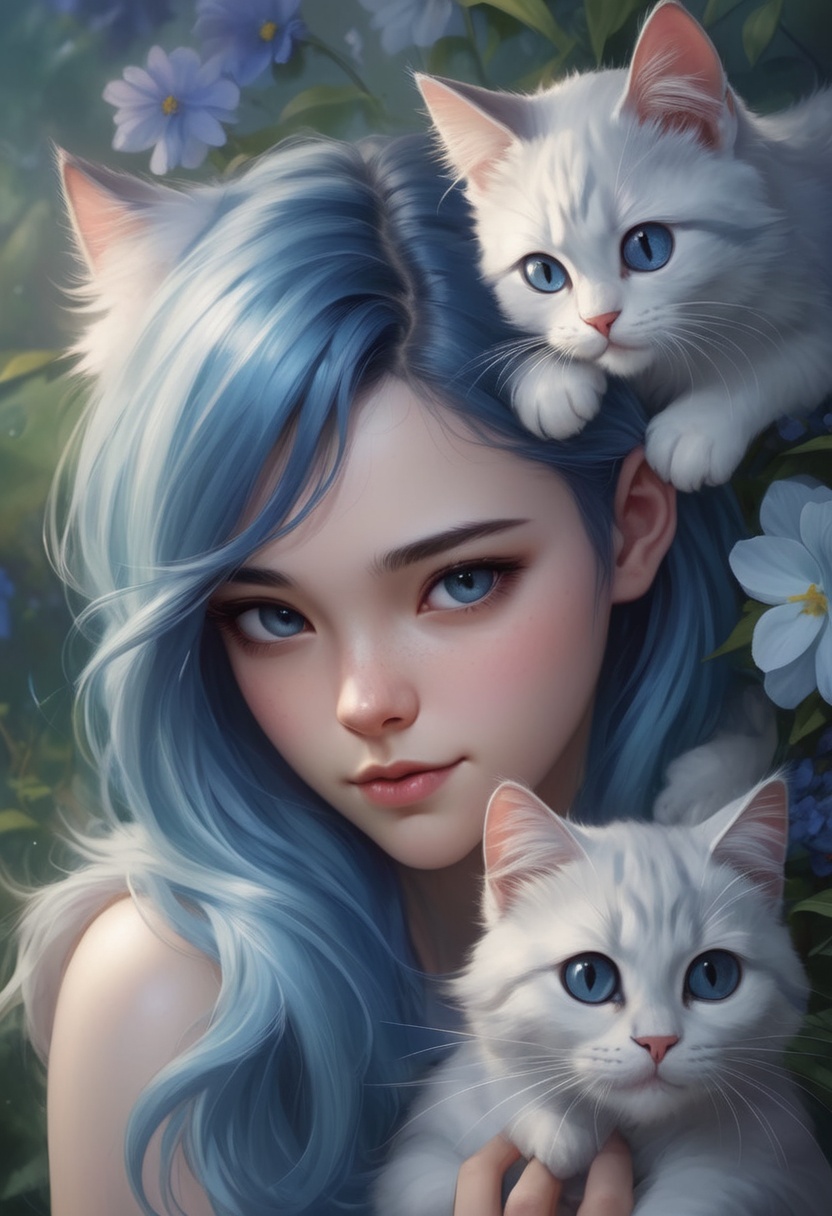 Beautiful girl with a furry cat,  blue hair,  by Artgerm cartoon on Tensor.Art