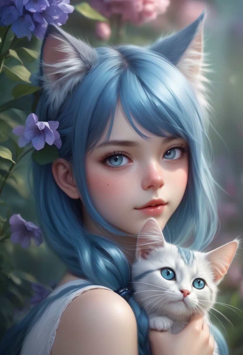 Beautiful girl with a furry cat,  blue hair,  by Artgerm cartoon on Tensor.Art