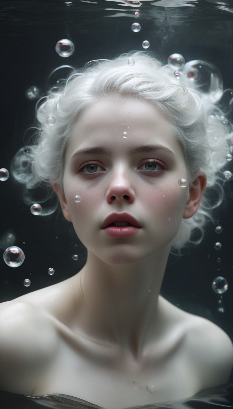 portrait of a woman under water,  pale white skin and pale white hair,  open red eyes on Tensor.Art