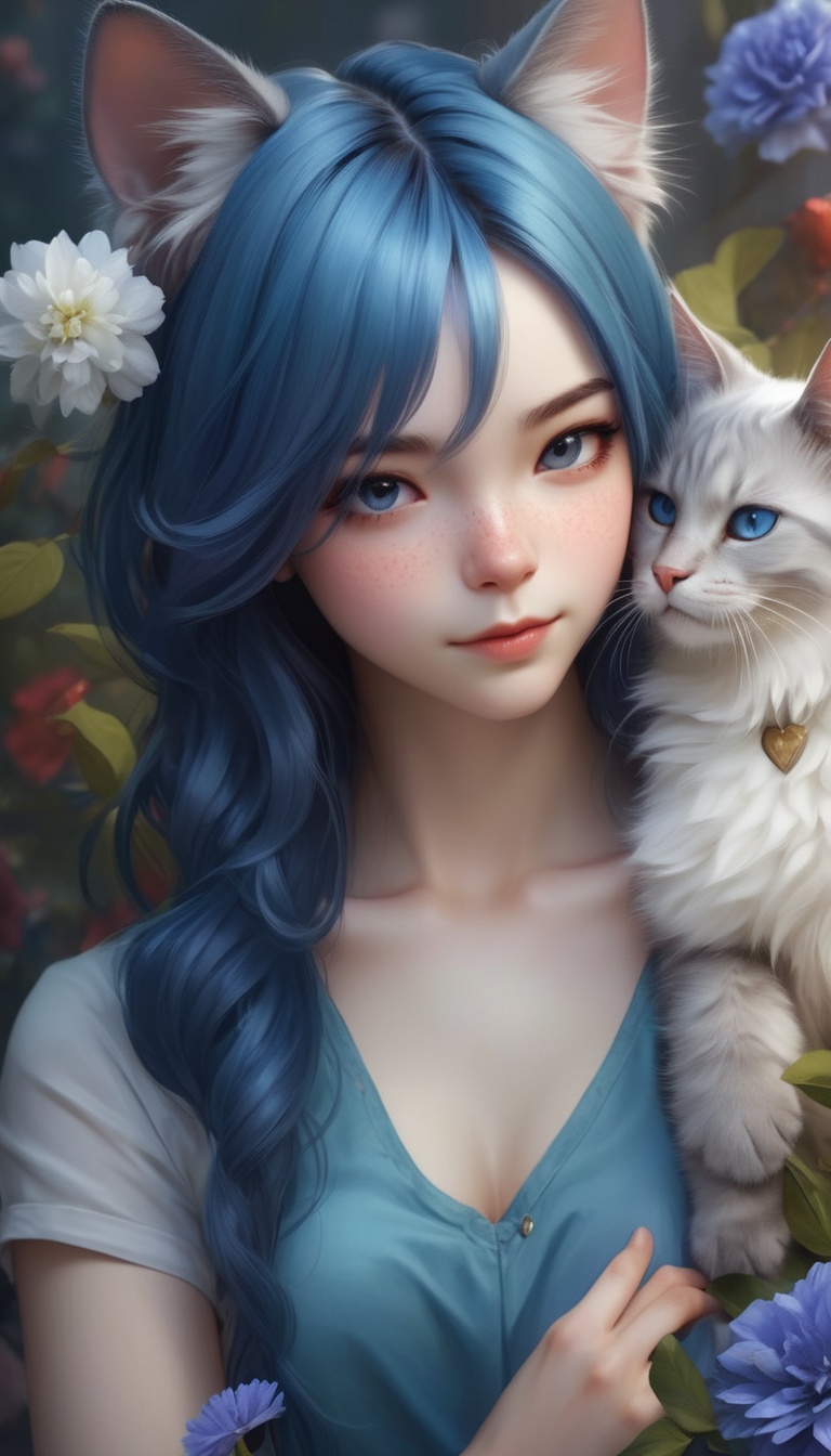 Beautiful girl with a furry cat,  blue hair,  by Artgerm cartoon on Tensor.Art