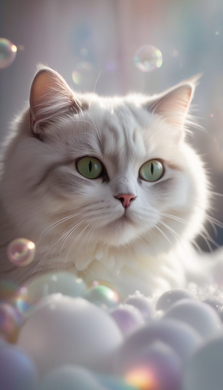 Fluffy cute cat surrounded by white foam,  around many large soap bubbles shimmering with rainbow colors,  festive atmosph...