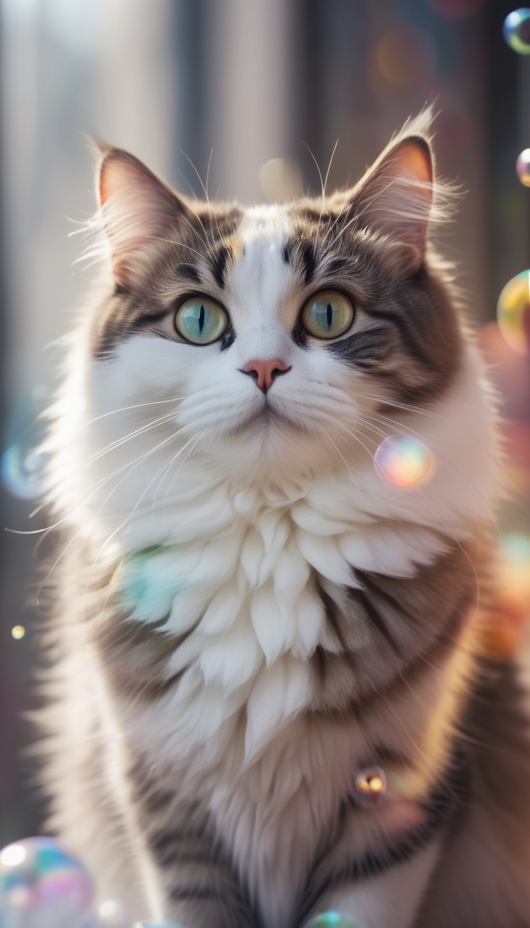 Fluffy cute cat surrounded by white foam,  around many large soap bubbles shimmering with rainbow colors,  festive atmosph...