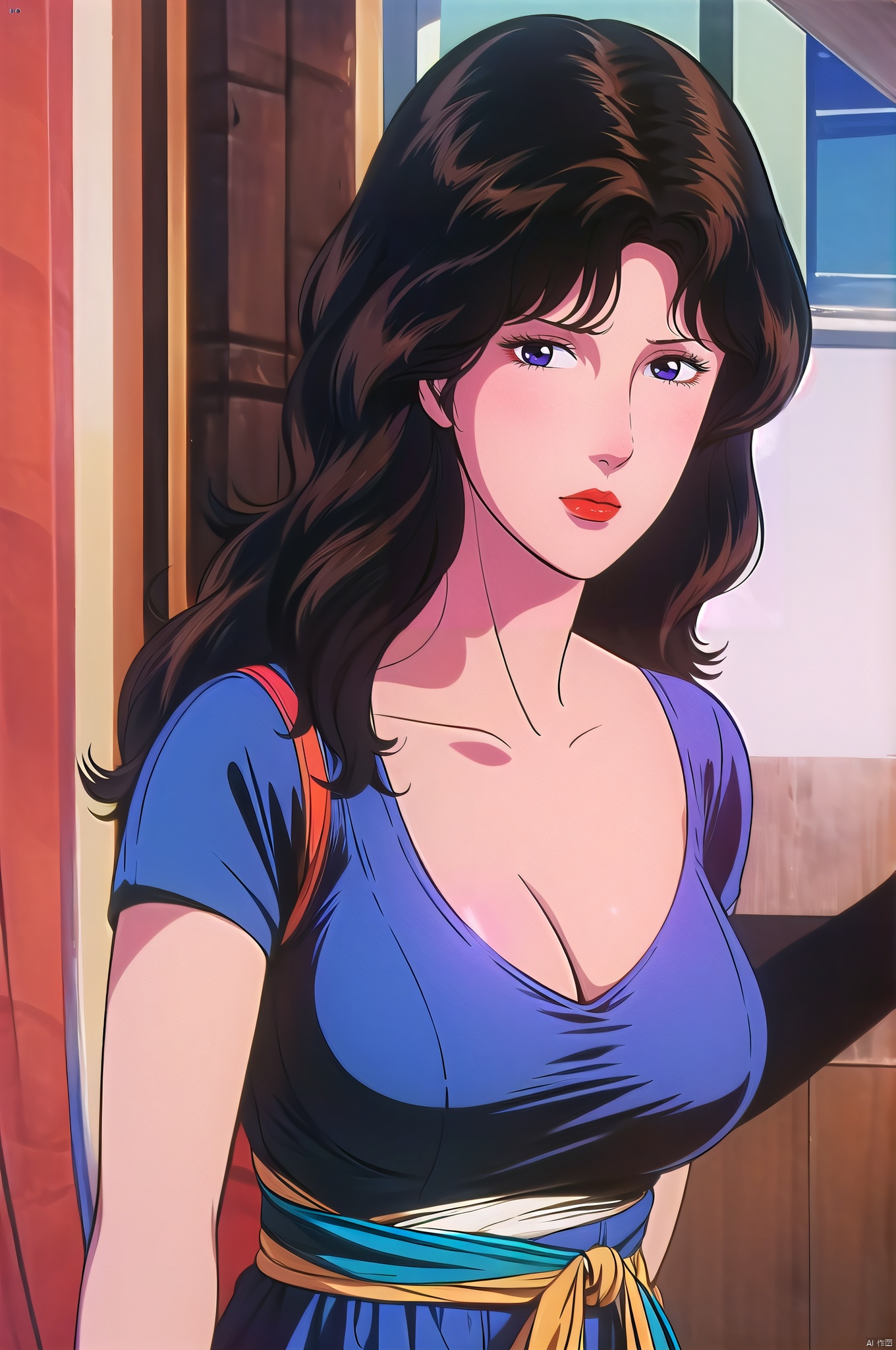 yuanshen, 1girl, solo, retro artstyle, dress, long hair, red nails, 1980s \(style\), red lips, lipstick, breasts, black hair, brown hair, purple dress, makeup, nail polish, black eyes,nice hands, perfect balance,  (looking at viewer:1.5),  closed mouth,  (Light_Smile:0.3),  official art,  extremely detailed CG unity 8k wallpaper,  perfect lighting,  Colorful,  Bright_Front_face_Lighting,  White skin,  (masterpiece:1),  (best_quality:1),  ultra high res,  4K,  ultra-detailed,  photography,  8K,  HDR,  highres,  absurdres:1.2,  Kodak portra 400,  film grain,  blurry background,  bokeh:1.2,  lens flare,  (vibrant_color:1.2),  professional photograph,  (narrow_waist), dark studio