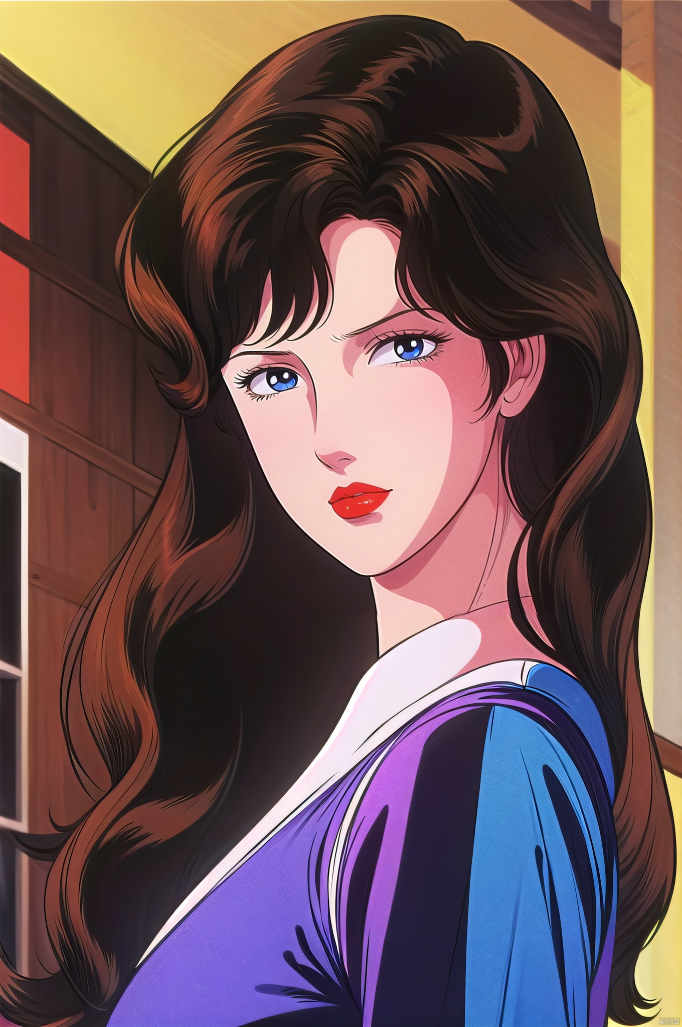 yuanshen, 1girl, solo, retro artstyle, 1980s \(style\), brown hair, long hair, lipstick, makeup, blue eyes, red lips, uniform,nice hands, perfect balance,  (looking at viewer:1.5),  closed mouth,  (Light_Smile:0.3),  official art,  extremely detailed CG unity 8k wallpaper,  perfect lighting,  Colorful,  Bright_Front_face_Lighting,  White skin,  (masterpiece:1),  (best_quality:1),  ultra high res,  4K,  ultra-detailed,  photography,  8K,  HDR,  highres,  absurdres:1.2,  Kodak portra 400,  film grain,  blurry background,  bokeh:1.2,  lens flare,  (vibrant_color:1.2),  professional photograph,  (narrow_waist), dark studio