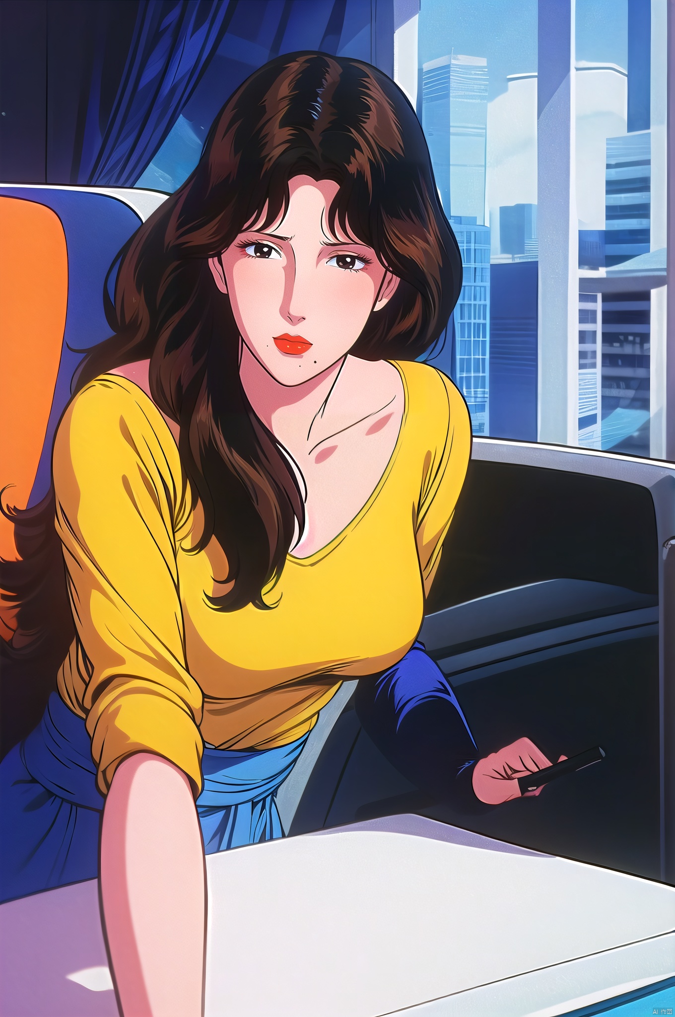 yuanshen, 1girl, solo, brown hair, long hair, brown eyes, lipstick, makeup, retro artstyle, yellow shirt, mole under mouth, 1980s \(style\), collarbone,nice hands, perfect balance,  (looking at viewer:1.5),  closed mouth,  (Light_Smile:0.3),  official art,  extremely detailed CG unity 8k wallpaper,  perfect lighting,  Colorful,  Bright_Front_face_Lighting,  White skin,  (masterpiece:1),  (best_quality:1),  ultra high res,  4K,  ultra-detailed,  photography,  8K,  HDR,  highres,  absurdres:1.2,  Kodak portra 400,  film grain,  blurry background,  bokeh:1.2,  lens flare,  (vibrant_color:1.2),  professional photograph,  (narrow_waist), dark studio