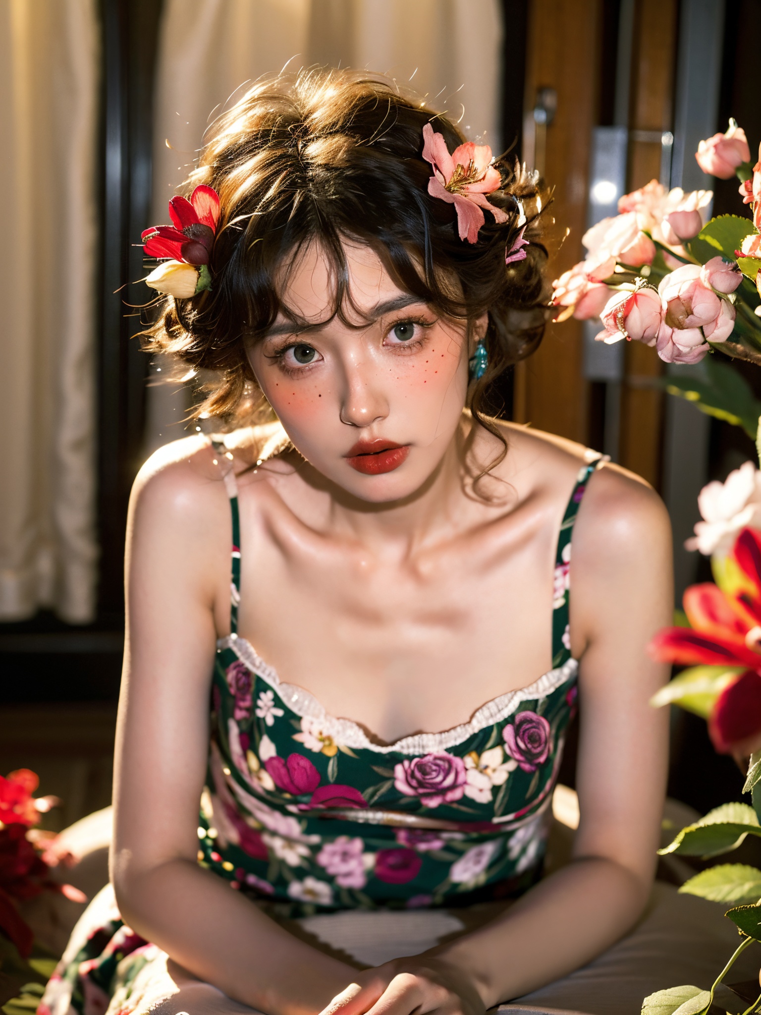 1girl,Kolak_blk,(8k, RAW photo, best quality, masterpiece:1.3),(realistic,photo-realistic:1.37),soft light,extremely beautiful face,an extremely delicate and beautiful girl,depth of field,blurry background,delicate,beautiful,beautiful face,beautiful eyes,beautiful girl,delicate face,delicate girl,8k wallpaper,(best quality:1.12),(detailed:1.12),(intricate:1.12),(ultra-detailed:1.12),(highres:1.12),hyper detailed,ultra-detailed,high resolution illustration,colorful,8k wallpaper,highres,Cinematic light,ray tracing,(8k, RAW photo, best quality, masterpiece, ultra highres, ultra detailed:1.2),(realistic, photo-realistic:),jewelry,ring,solo,necklace,flower,hair ornament,lips,blurry,realistic,grapes,hair flower,curly hair,blurry background,black hair,earrings,breasts,brown hair,red lips,applying_makeup,lipstick,(floral print:1.2),indoors,dress,(white dress:1.1),fluffy hair,cowboy_shot,freckle