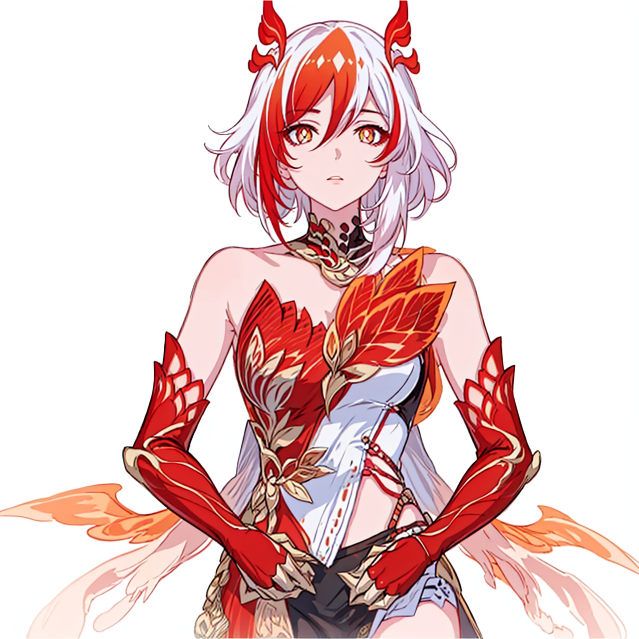 (masterpiece:1.3),(the best quality:1.2),(super fine illustrations:1.2),(Masterpiece),high quality,high detail,(white background:1.2),looking at viewer,(SOLO:1.4),outline,simple background,full body,<lora:符华-崩落-12.21ver:0.8>, messy hair,bare shoulders,gauntlets,mechanical parts,white skin,phoenix,shorts,collarbone,jewelry,twintails,eyelashes,elbow gloves,armor,red legwear,thighhighs,boots,facial mark,head wings,red gloves,two-tone hair,earrings,gloves,tassel,leotard,skirt,dress,elbow gloves,twintails,bare shoulders,tattoo,phoenix,ribbon,red ribbon,bangs,white hair,orange eyes,streaked hair,fu hua,orange hair,fiery hair,hair between eyes,multicolored hair,fiery wings,jewelry,hair ornament,gloves,hair ribbon,pattern on hair,logo,yellow pupils,diamond shaped pupils,