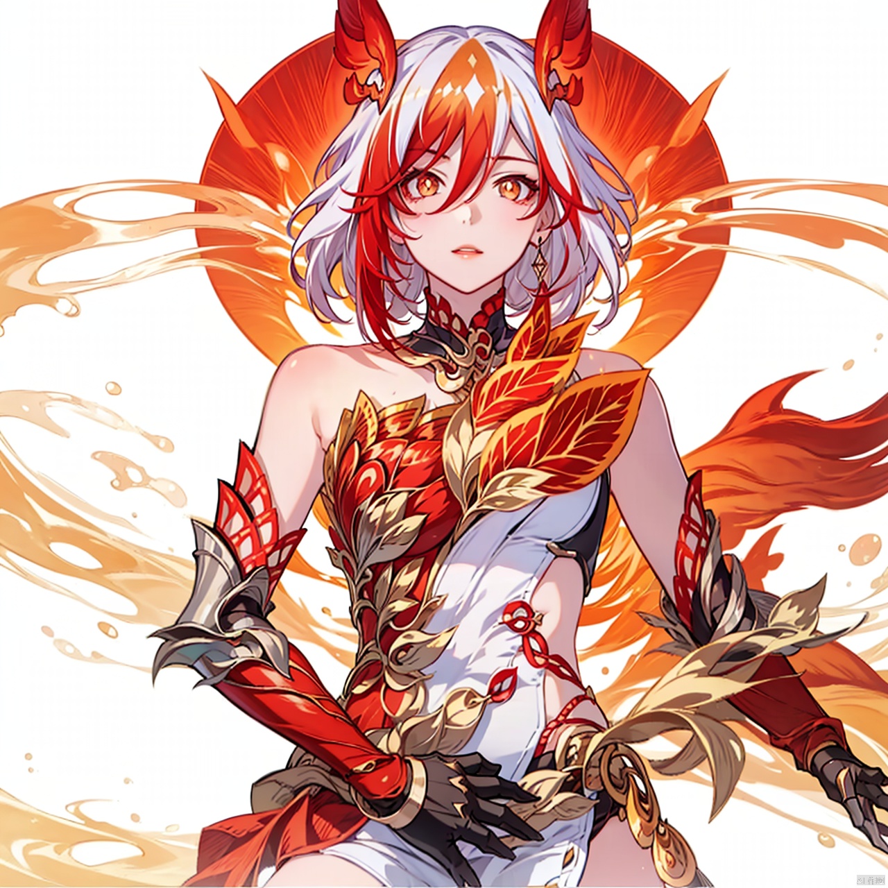  (masterpiece:1.3),(the best quality:1.2),(super fine illustrations:1.2),(Masterpiece),high quality,high detail,(white background:1.2),looking at viewer,(SOLO:1.4),outline,simple background,fullbody,, messy hair,bare shoulders,gauntlets,mechanical parts,white skin,phoenix,shorts,collarbone,jewelry,twintails,eyelashes,elbow gloves,armor,red legwear,thighhighs,boots,facial mark,head wings,red gloves,two-tone hair,earrings,gloves,tassel,leotard,skirt,dress,elbow gloves,twintails,bare shoulders,tattoo,phoenix,ribbon,red ribbon,bangs,white hair,orange eyes,streaked hair,fu hua,orange hair,fiery hair,hair between eyes,multicolored hair,fiery wings,jewelry,hair ornament,gloves,hair ribbon,pattern on hair,logo,yellow pupils,diamond shaped pupils, bare shoulders