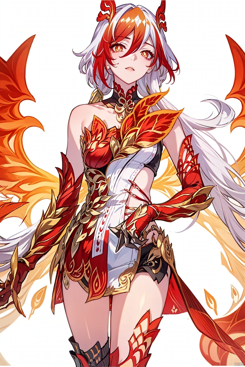  (masterpiece:1.3),(the best quality:1.2),(super fine illustrations:1.2),(Masterpiece),high quality,high detail,(white background:1.2),looking at viewer,(SOLO:1.4),outline,simple background,fullbody,, messy hair,bare shoulders,gauntlets,mechanical parts,white skin,phoenix,shorts,collarbone,jewelry,twintails,eyelashes,elbow gloves,armor,red legwear,thighhighs,boots,facial mark,head wings,red gloves,two-tone hair,earrings,gloves,tassel,leotard,skirt,dress,elbow gloves,twintails,bare shoulders,tattoo,phoenix,ribbon,red ribbon,bangs,white hair,orange eyes,streaked hair,fu hua,orange hair,fiery hair,hair between eyes,multicolored hair,fiery wings,jewelry,hair ornament,gloves,hair ribbon,pattern on hair,logo,yellow pupils,diamond shaped pupils, bare shoulders
