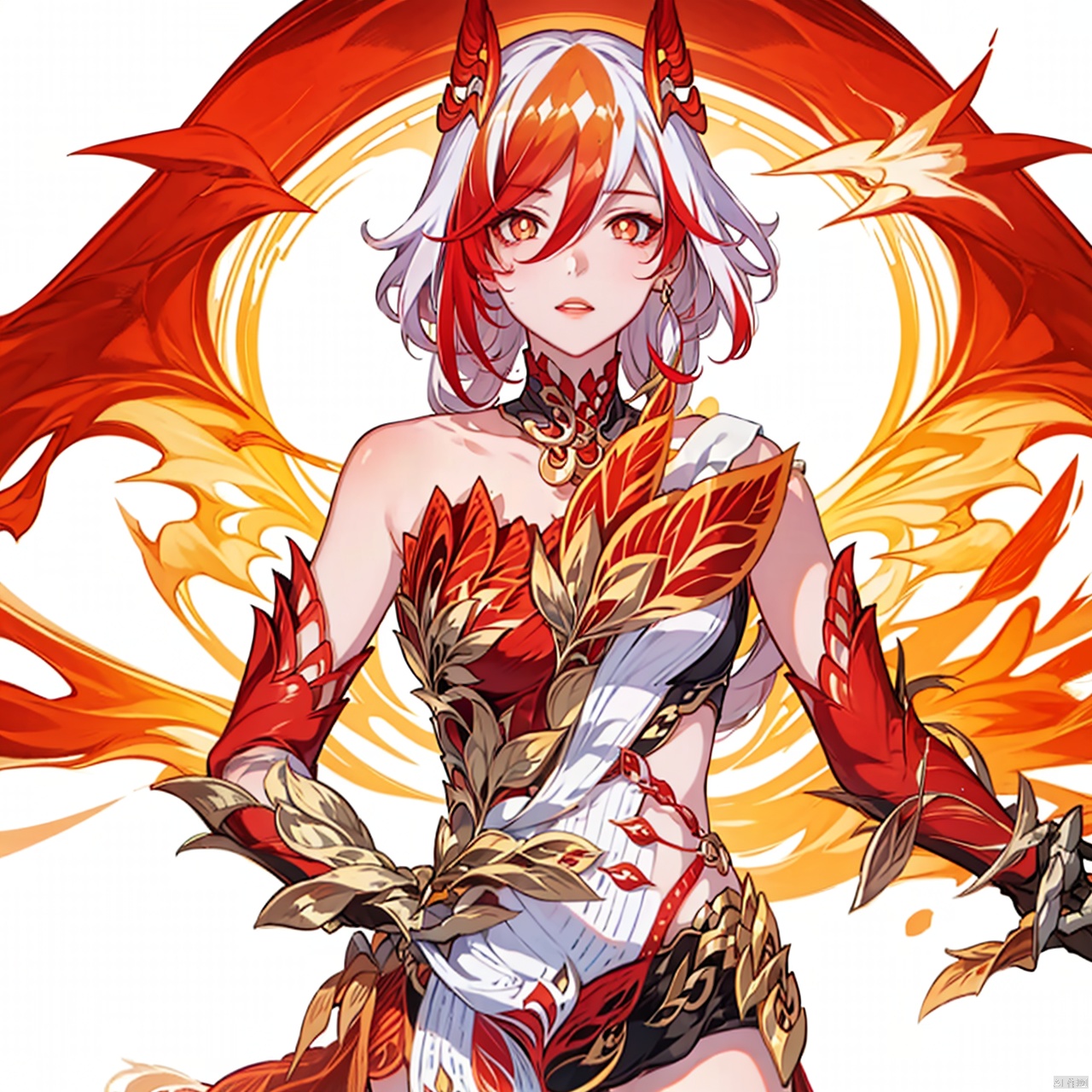  (masterpiece:1.3),(the best quality:1.2),(super fine illustrations:1.2),(Masterpiece),high quality,high detail,(white background:1.2),looking at viewer,(SOLO:1.4),outline,simple background,fullbody,, messy hair,bare shoulders,gauntlets,mechanical parts,white skin,phoenix,shorts,collarbone,jewelry,twintails,eyelashes,elbow gloves,armor,red legwear,thighhighs,boots,facial mark,head wings,red gloves,two-tone hair,earrings,gloves,tassel,leotard,skirt,dress,elbow gloves,twintails,bare shoulders,tattoo,phoenix,ribbon,red ribbon,bangs,white hair,orange eyes,streaked hair,fu hua,orange hair,fiery hair,hair between eyes,multicolored hair,fiery wings,jewelry,hair ornament,gloves,hair ribbon,pattern on hair,logo,yellow pupils,diamond shaped pupils, bare shoulders