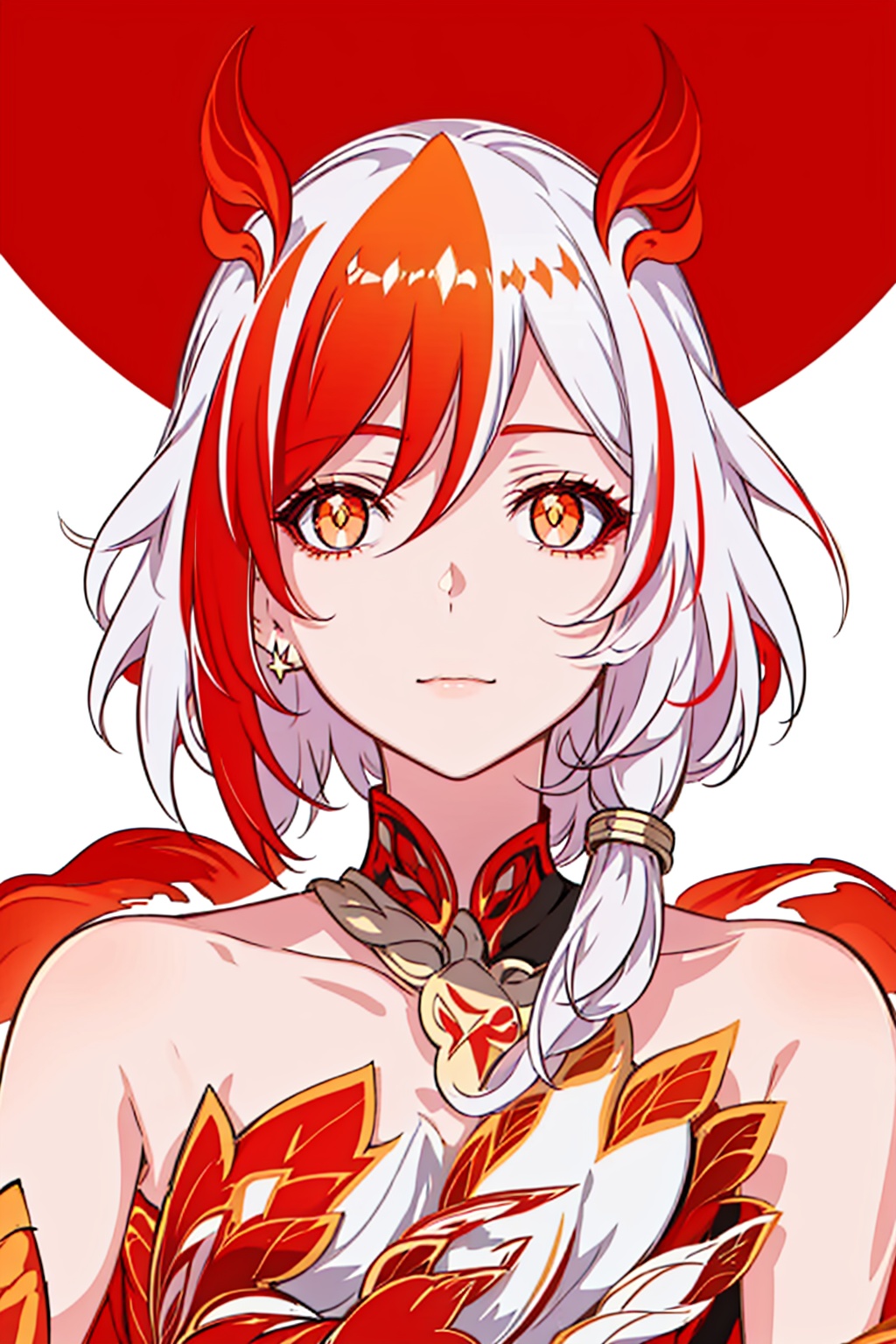 (masterpiece:1.3),(the best quality:1.2),(super fine illustrations:1.2),(Masterpiece),high quality,high detail,(white background:1.2),looking at viewer,(SOLO:1.4),outline,simple background,full body,<lora:符华-崩落-12.21ver:0.8>, messy hair,bare shoulders,gauntlets,mechanical parts,white skin,phoenix,shorts,collarbone,jewelry,twintails,eyelashes,elbow gloves,armor,red legwear,thighhighs,boots,facial mark,head wings,red gloves,two-tone hair,earrings,gloves,tassel,leotard,skirt,dress,elbow gloves,twintails,bare shoulders,tattoo,phoenix,ribbon,red ribbon,bangs,white hair,orange eyes,streaked hair,fu hua,orange hair,fiery hair,hair between eyes,multicolored hair,fiery wings,jewelry,hair ornament,gloves,hair ribbon,pattern on hair,logo,yellow pupils,diamond shaped pupils,
