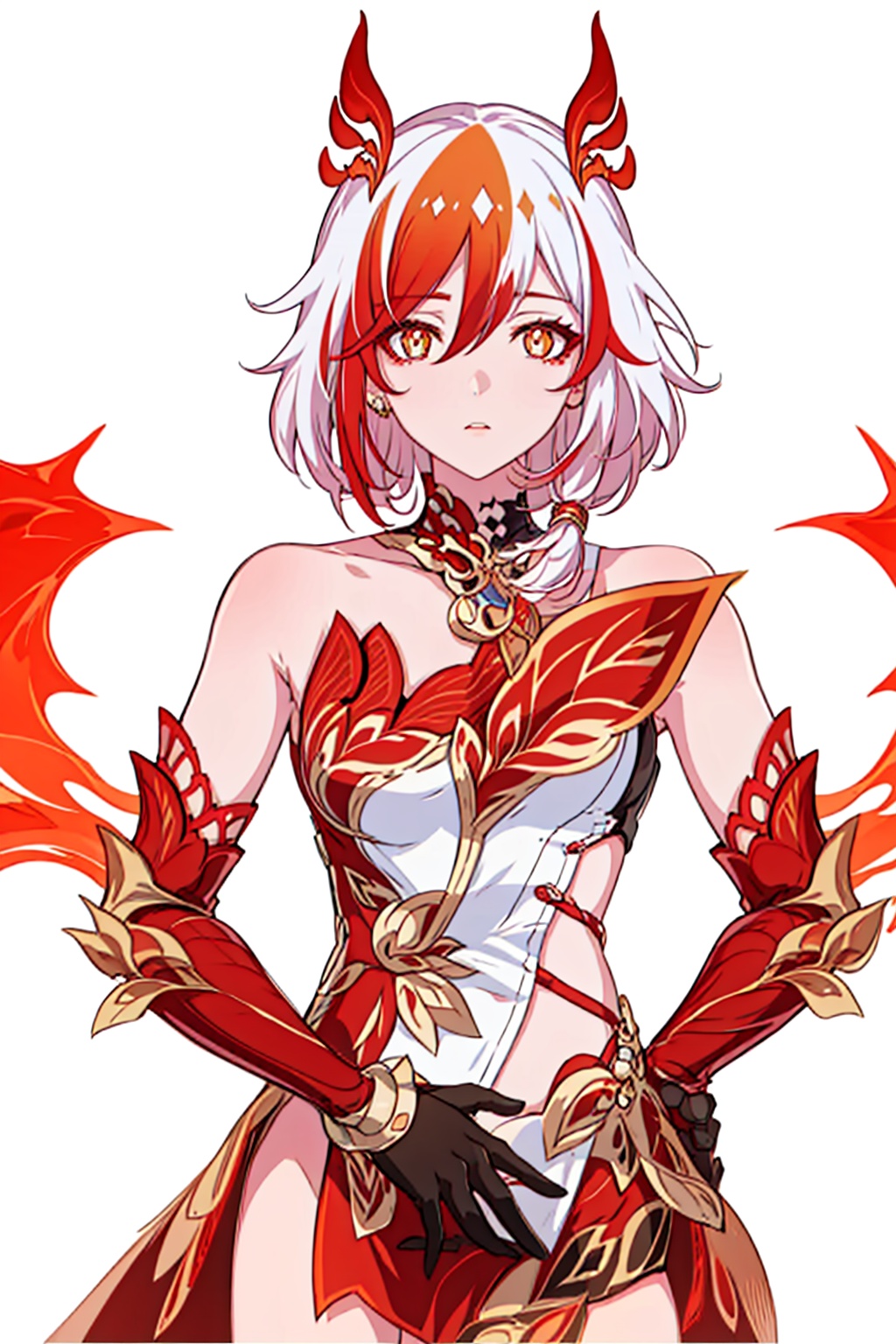 (masterpiece:1.3),(the best quality:1.2),(super fine illustrations:1.2),(Masterpiece),high quality,high detail,(white background:1.2),looking at viewer,(SOLO:1.4),outline,simple background,full body,<lora:符华-崩落-12.21ver:0.8>, messy hair,bare shoulders,gauntlets,mechanical parts,white skin,phoenix,shorts,collarbone,jewelry,twintails,eyelashes,elbow gloves,armor,red legwear,thighhighs,boots,facial mark,head wings,red gloves,two-tone hair,earrings,gloves,tassel,leotard,skirt,dress,elbow gloves,twintails,bare shoulders,tattoo,phoenix,ribbon,red ribbon,bangs,white hair,orange eyes,streaked hair,fu hua,orange hair,fiery hair,hair between eyes,multicolored hair,fiery wings,jewelry,hair ornament,gloves,hair ribbon,pattern on hair,logo,yellow pupils,diamond shaped pupils,