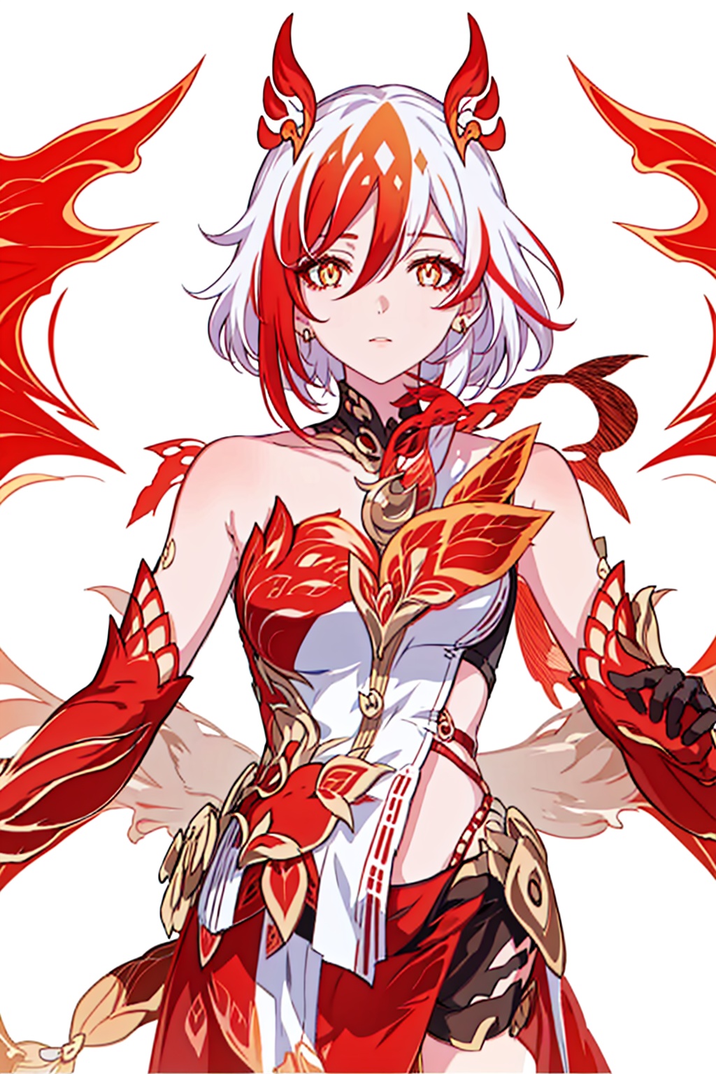 (masterpiece:1.3),(the best quality:1.2),(super fine illustrations:1.2),(Masterpiece),high quality,high detail,(white background:1.2),looking at viewer,(SOLO:1.4),outline,simple background,full body,<lora:符华-崩落-12.21ver:0.8>, messy hair,bare shoulders,gauntlets,mechanical parts,white skin,phoenix,shorts,collarbone,jewelry,twintails,eyelashes,elbow gloves,armor,red legwear,thighhighs,boots,facial mark,head wings,red gloves,two-tone hair,earrings,gloves,tassel,leotard,skirt,dress,elbow gloves,twintails,bare shoulders,tattoo,phoenix,ribbon,red ribbon,bangs,white hair,orange eyes,streaked hair,fu hua,orange hair,fiery hair,hair between eyes,multicolored hair,fiery wings,jewelry,hair ornament,gloves,hair ribbon,pattern on hair,logo,yellow pupils,diamond shaped pupils,