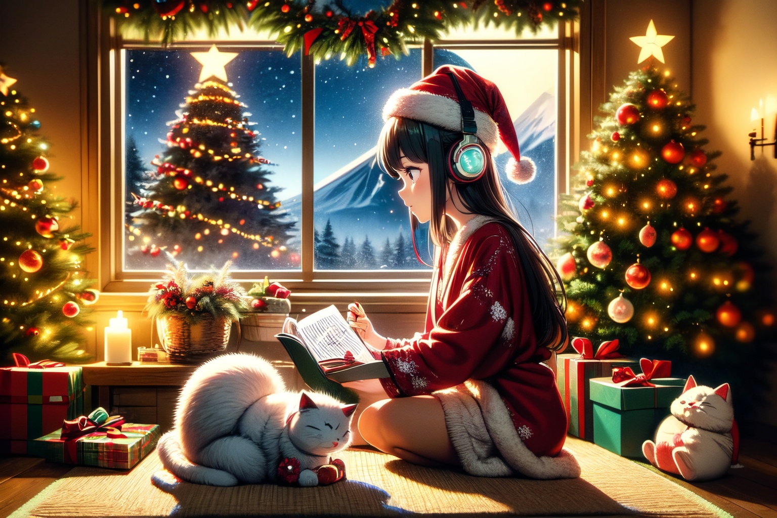 An illustration of a LOFI girl in a Christmas atmosphere,  studying by a window in the early morning,  in a style that can...
