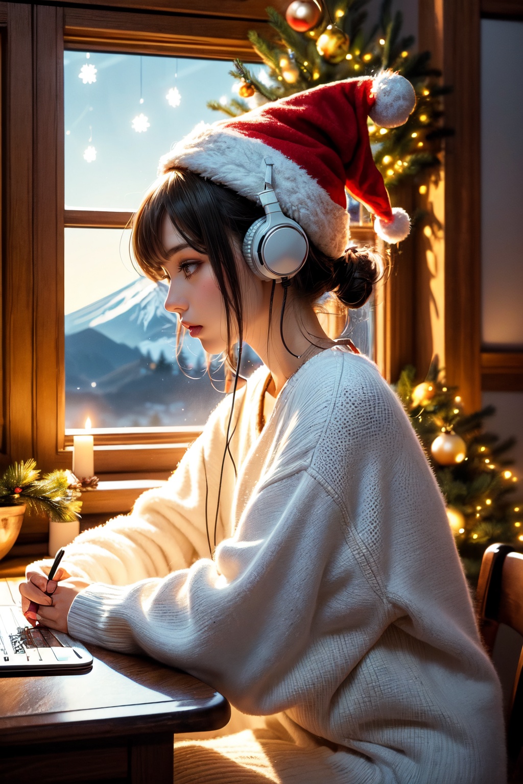 An illustration of a LOFI girl in a Christmas atmosphere,  studying by a window in the early morning,  in a style that can...
