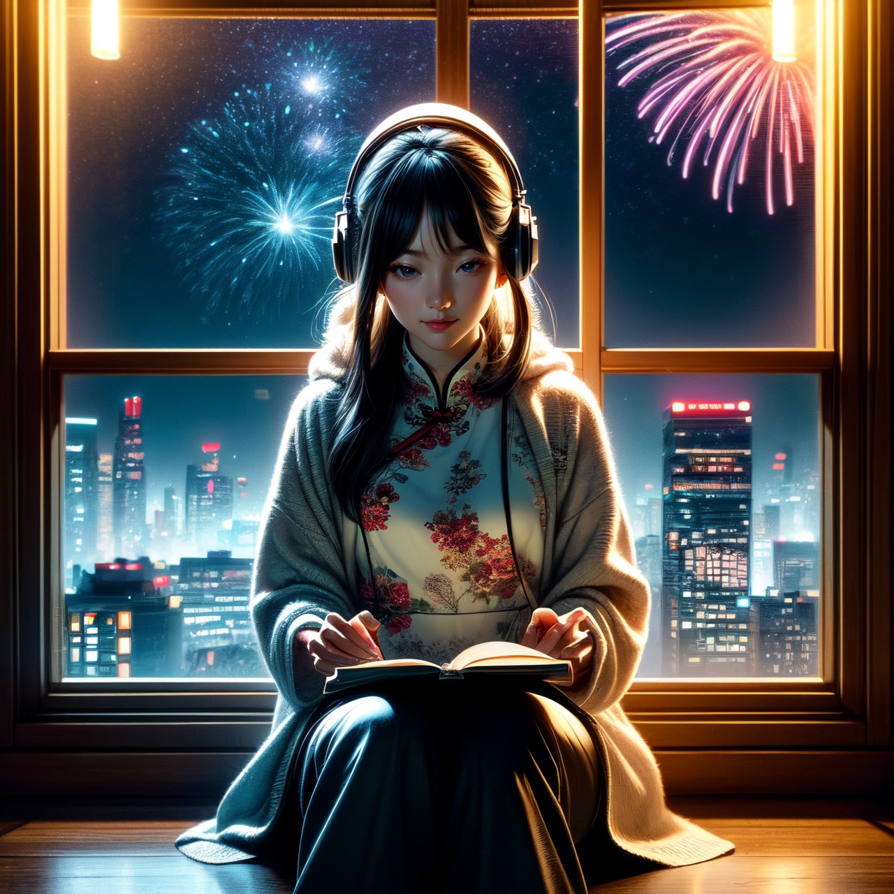 A cute LOFI music-themed anime-style girl wearing a winter cheongsam,  leisurely reading a book by a window. She is wearin...