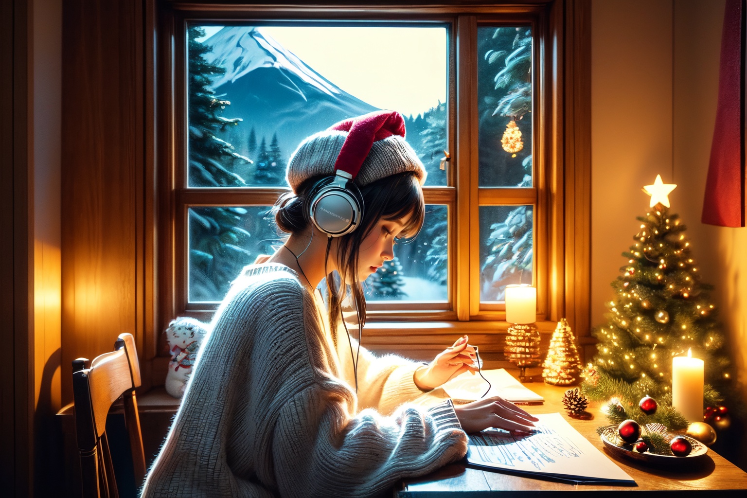An illustration of a LOFI girl in a Christmas atmosphere,  studying by a window in the early morning,  in a style that can...