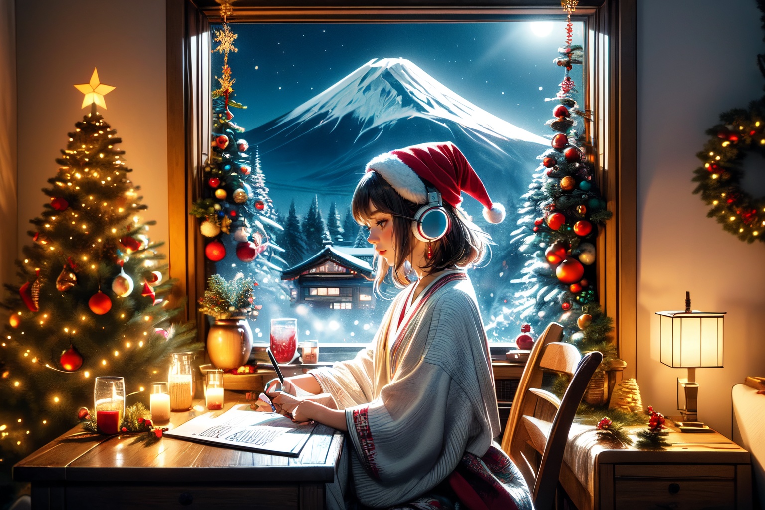 An illustration of a LOFI girl in a Christmas atmosphere,  studying by a window in the early morning,  in a style that can...