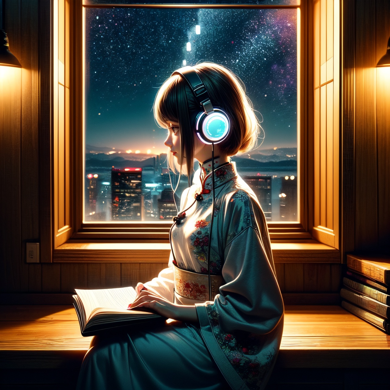 A cute LOFI music-themed anime-style girl wearing a winter cheongsam,  leisurely reading a book by a window. She is wearin...