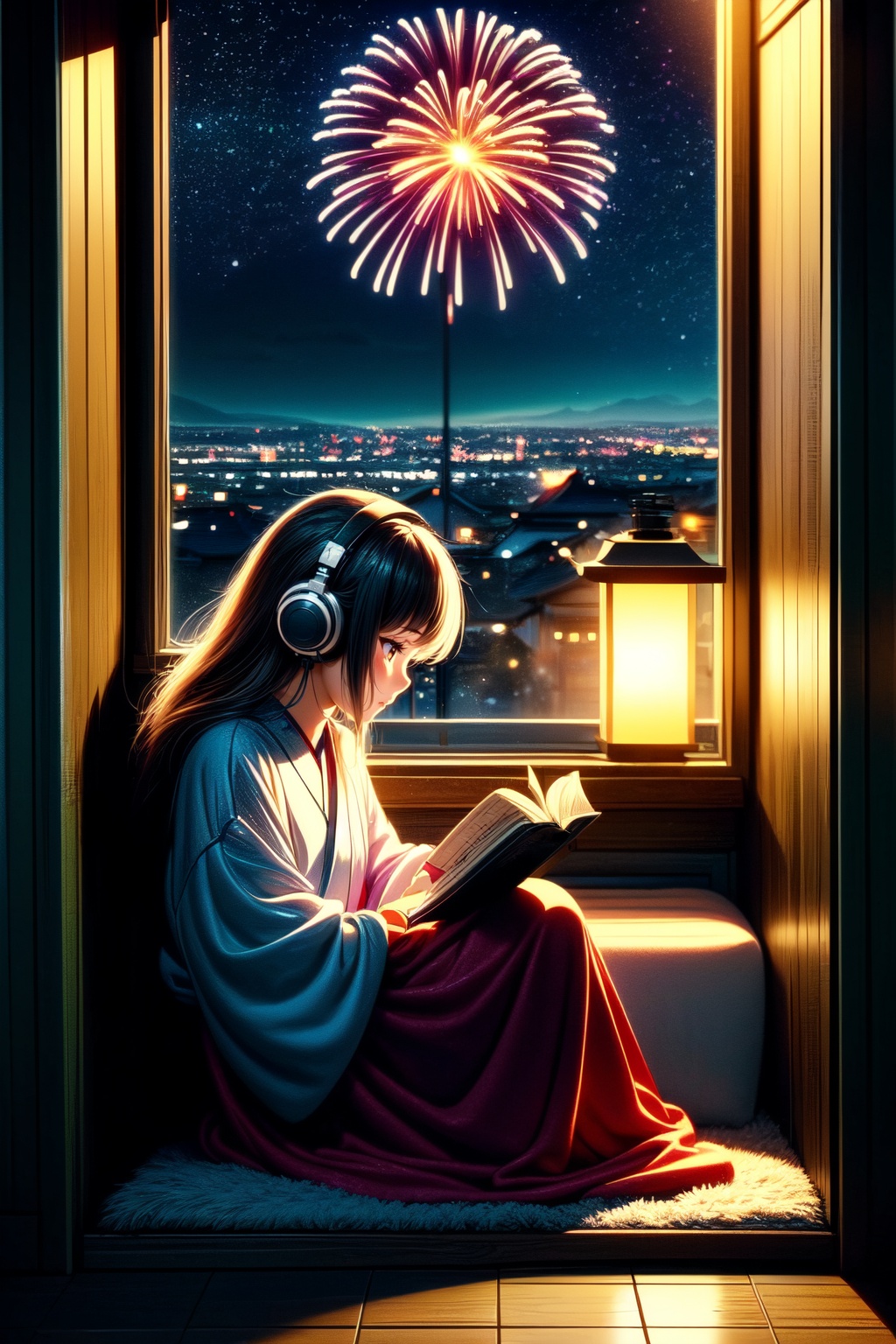 A cute LOFI music themed anime-style girl wearing a winter kimono,  leisurely reading a book by a window. She is wearing h...