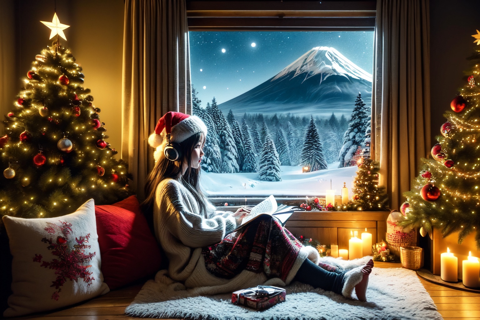An illustration of a LOFI girl in a Christmas atmosphere,  studying by a window in the early morning,  in a style that can...