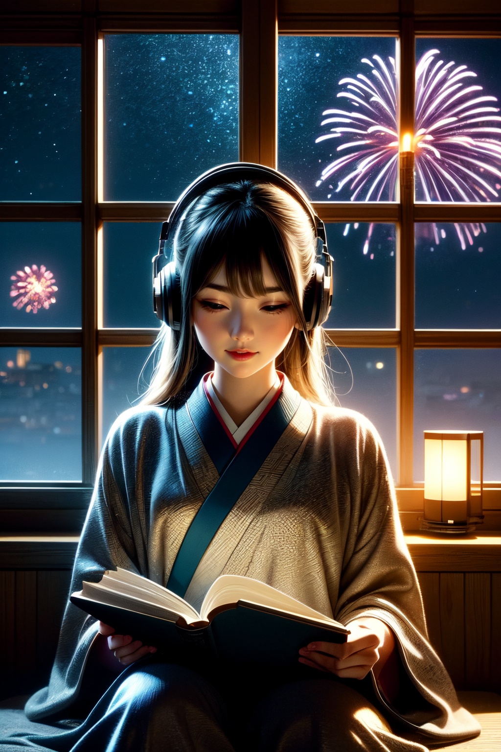 A cute LOFI music themed anime-style girl wearing a winter kimono,  leisurely reading a book by a window. She is wearing h...