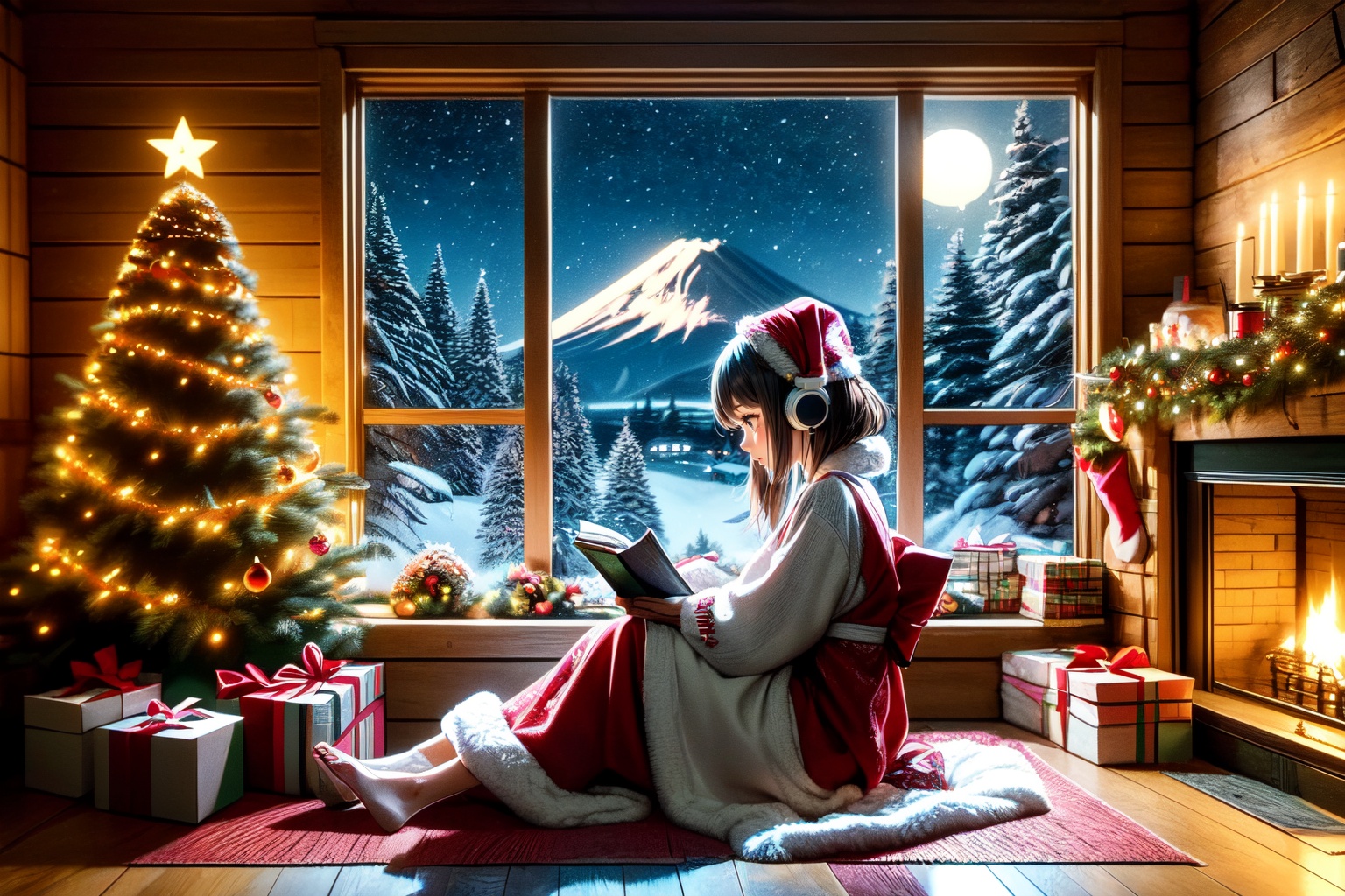 An illustration of a LOFI girl in a Christmas atmosphere,  studying by a window in the early morning,  in a style that can...