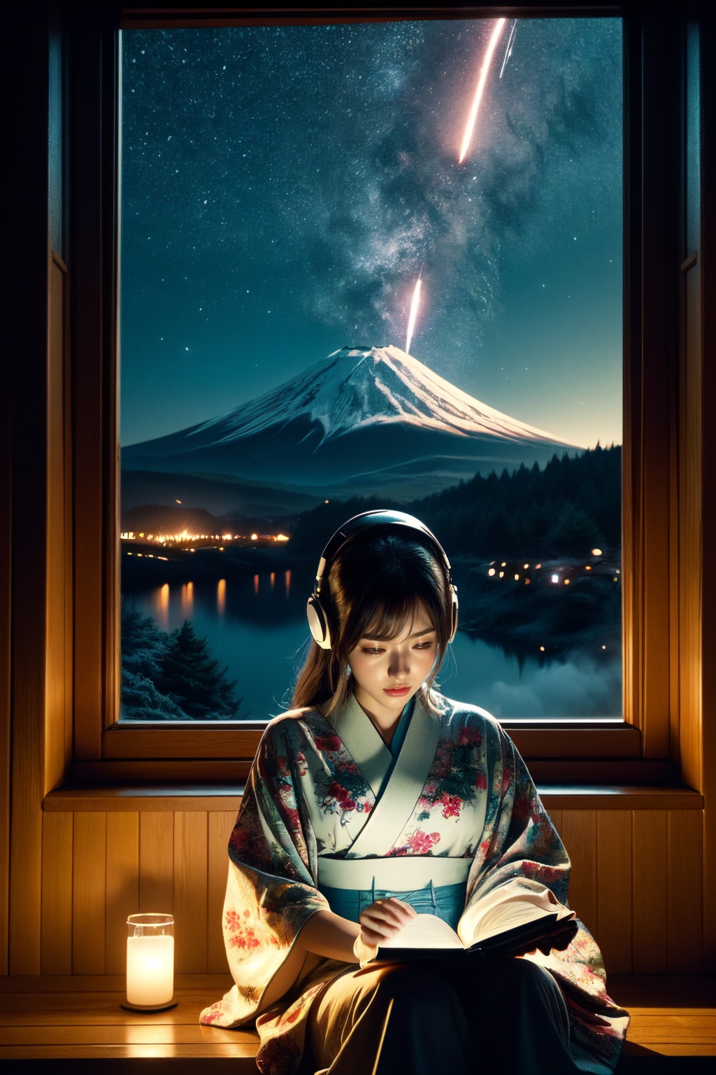 A cute LOFI music themed anime-style girl wearing a winter kimono,  leisurely reading a book by a window. She is wearing h...