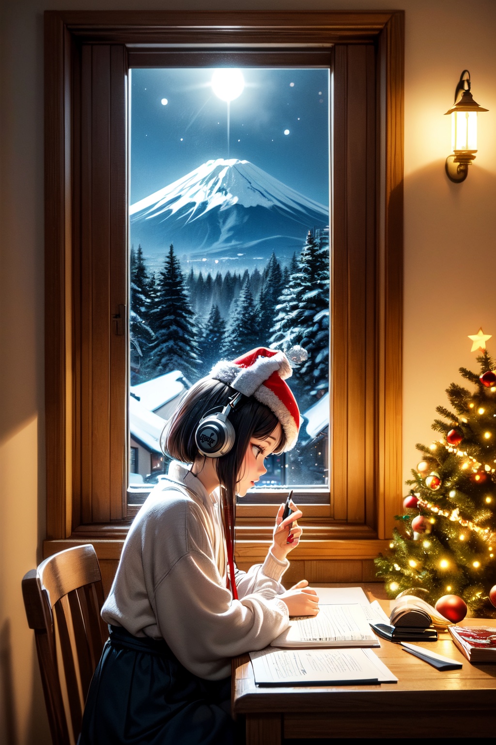 An illustration of a LOFI girl in a Christmas atmosphere,  studying by a window in the early morning,  in a style that can...