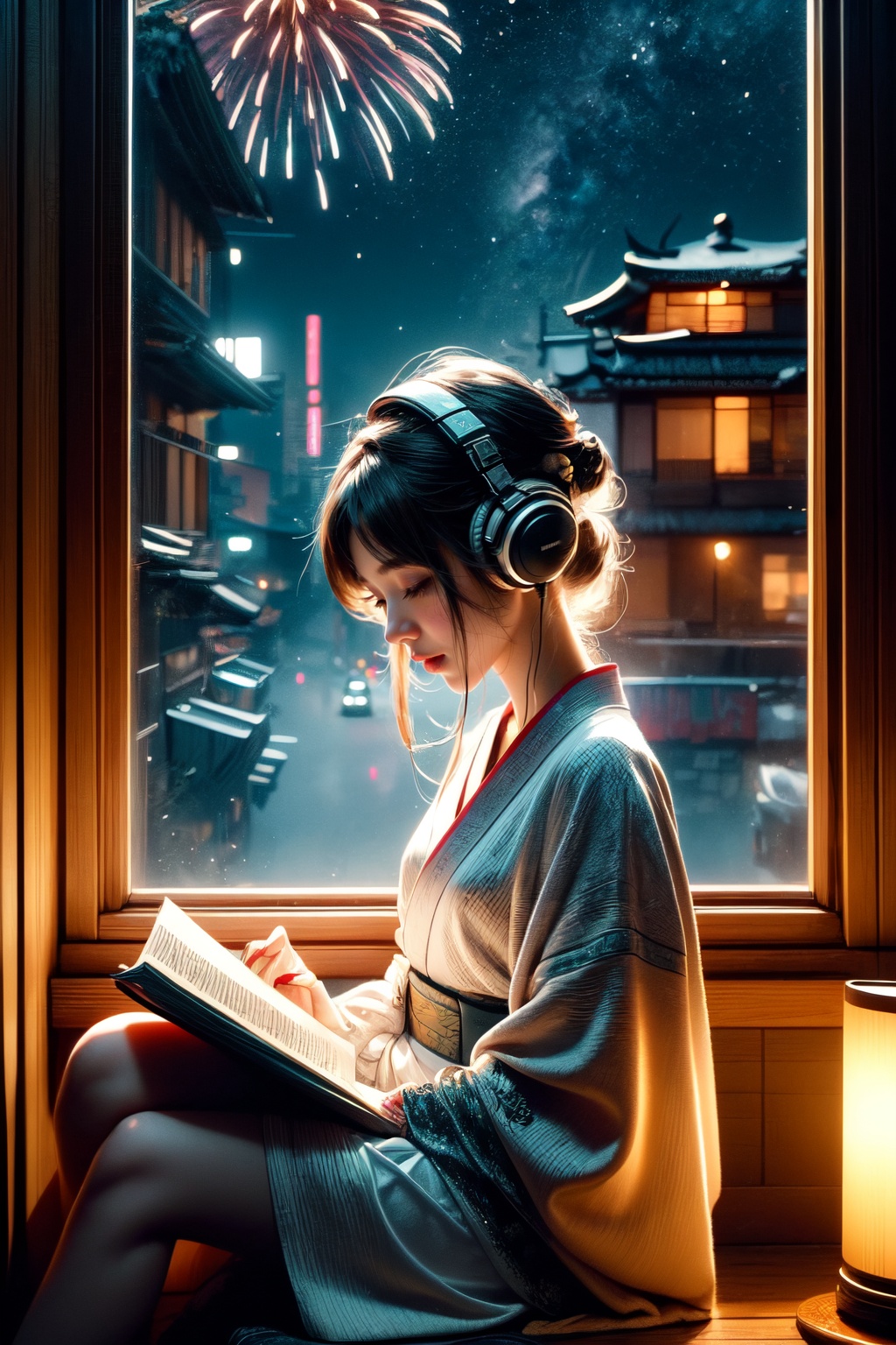 A cute LOFI music themed anime-style girl wearing a winter kimono,  leisurely reading a book by a window. She is wearing h...