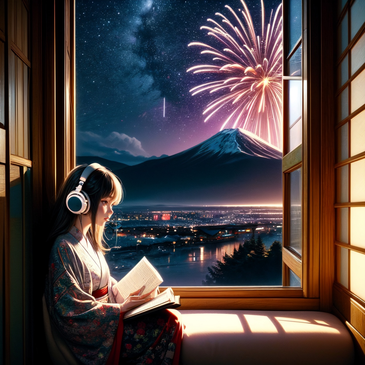 A cute LOFI music themed anime-style girl wearing a winter kimono,  leisurely reading a book by a window. She is wearing h...