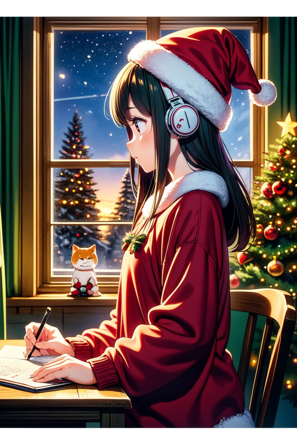 An illustration of a LOFI girl in a Christmas atmosphere,  studying by a window in the early morning,  in a style that can...