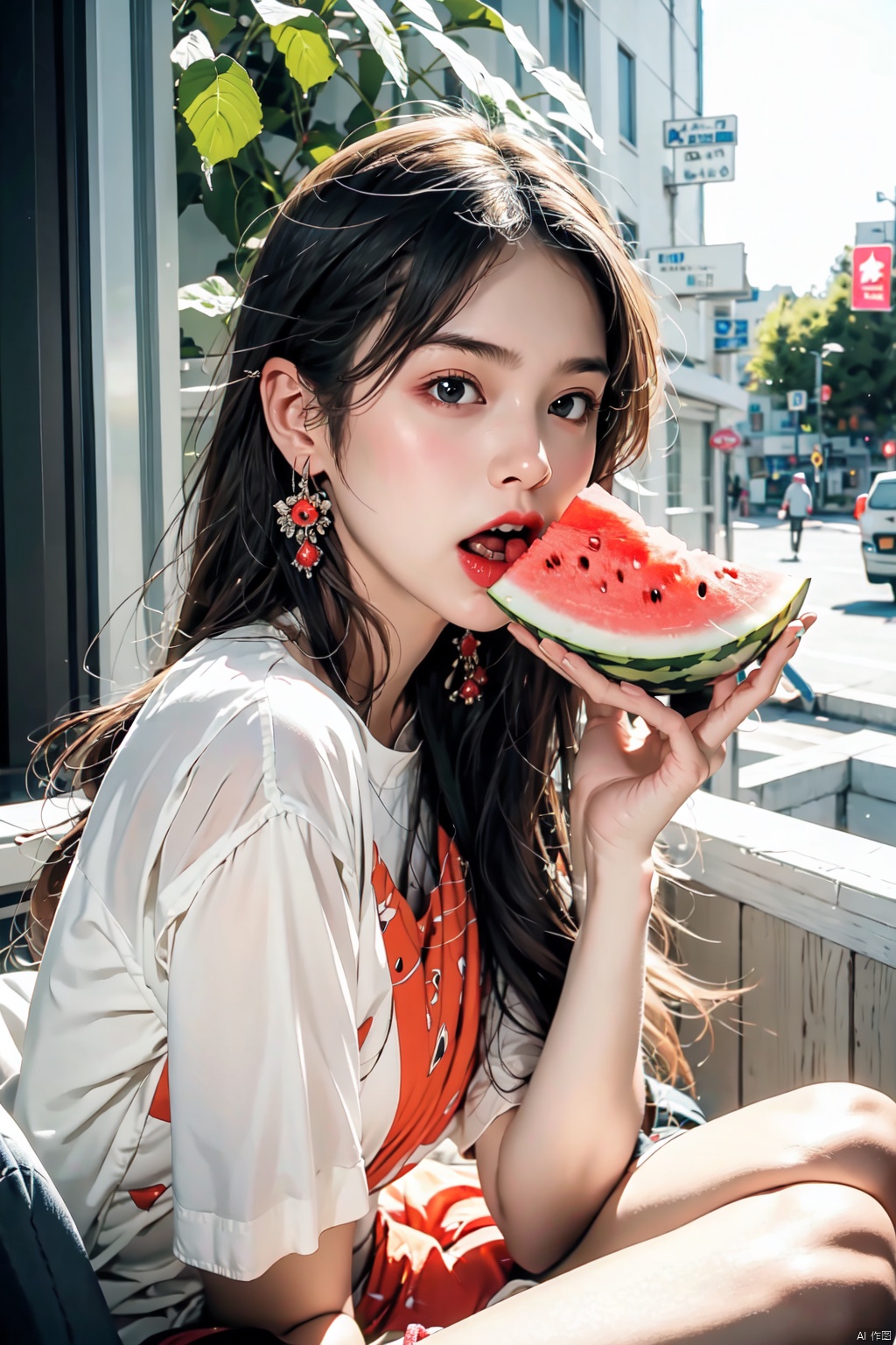  absurdres,absurdres,realistic,full_shot,(1girl:1.6), Eating watermelon