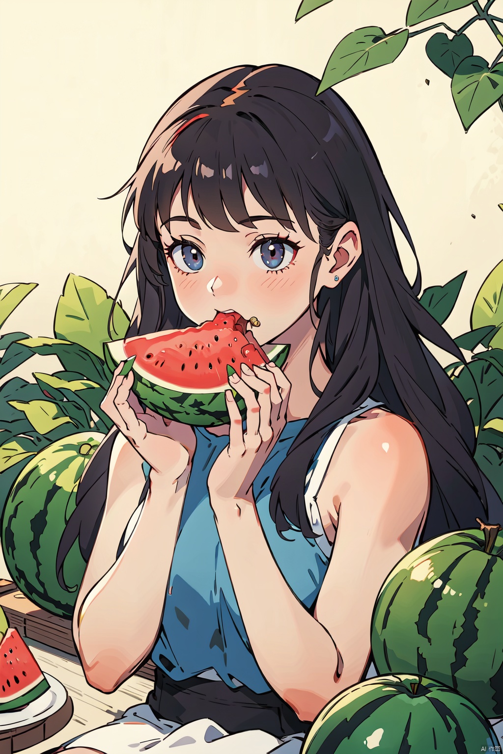  absurdres,absurdres,realistic,full_shot,(1girl:1.6), Eating watermelon