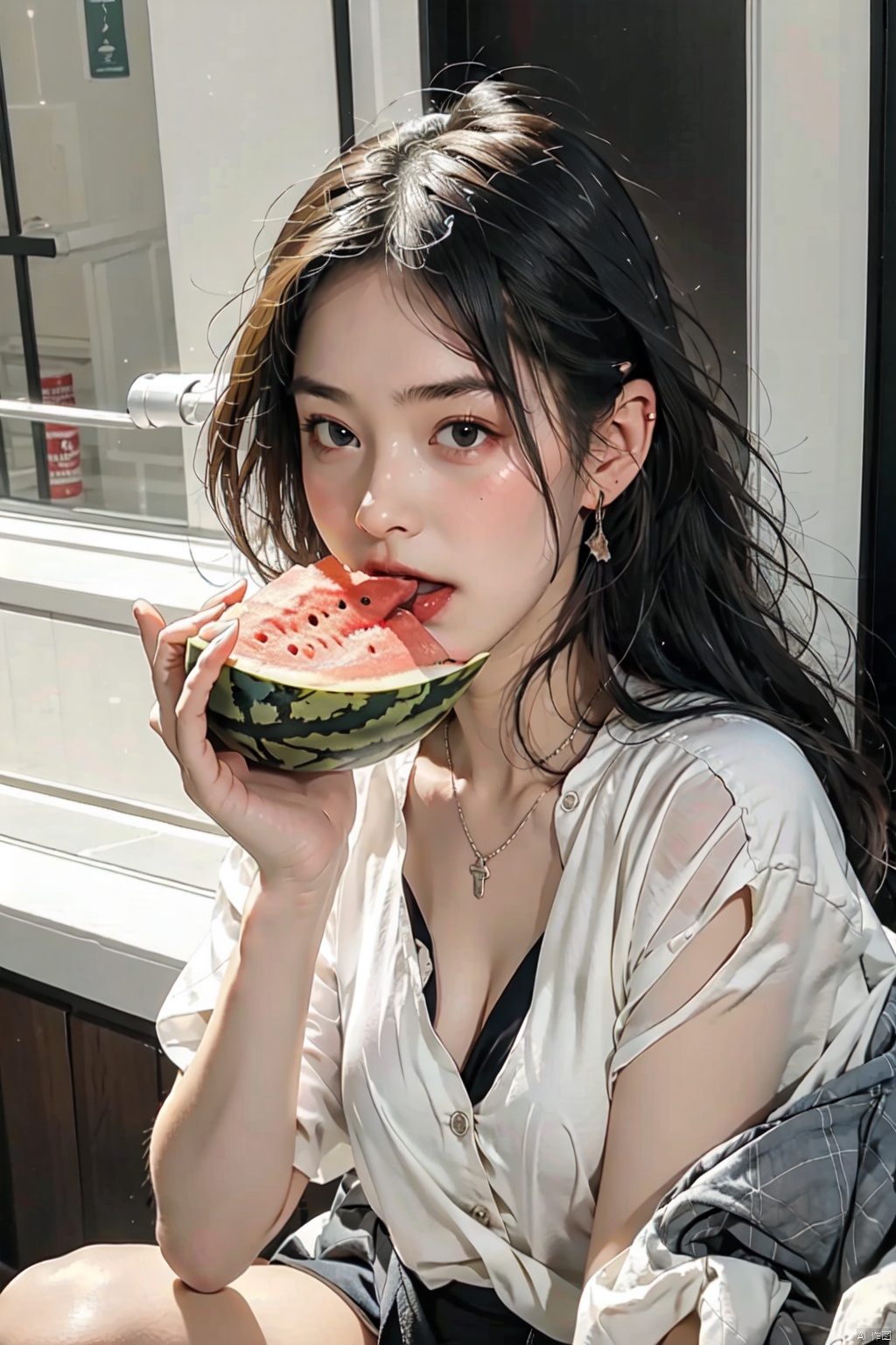  absurdres,absurdres,realistic,full_shot,(1girl:1.6), Eating watermelon, hand101