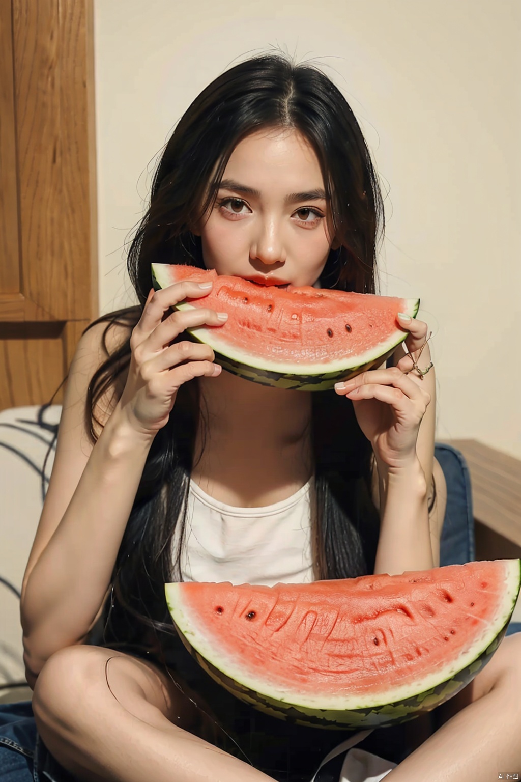  absurdres,absurdres,realistic,full_shot,(1girl:1.6), Eating watermelon, hand101