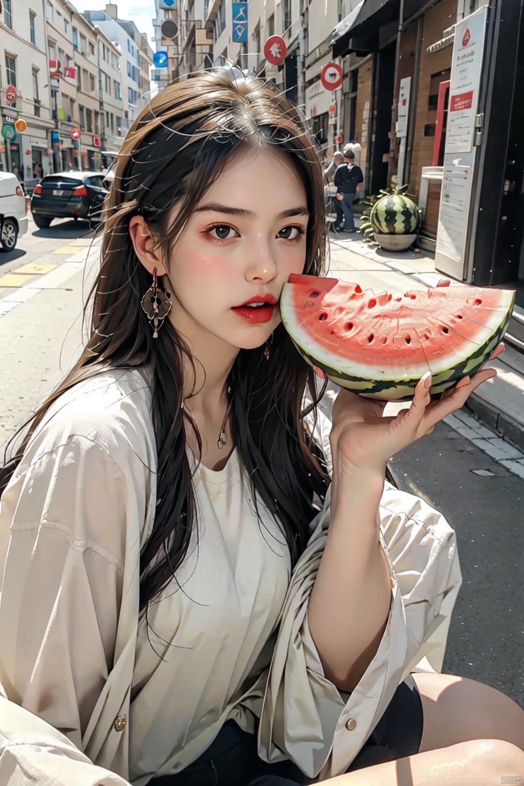  absurdres,absurdres,realistic,full_shot,(1girl:1.6), Eating watermelon, hand101