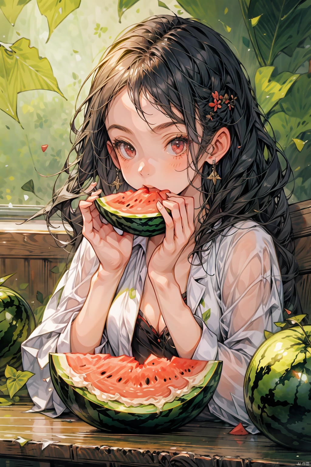  absurdres,absurdres,realistic,full_shot,(1girl:1.6), Eating watermelon, hand101