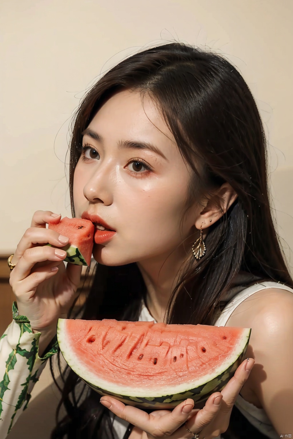  absurdres,absurdres,realistic,full_shot,(1girl:1.6), Eating watermelon, hand101