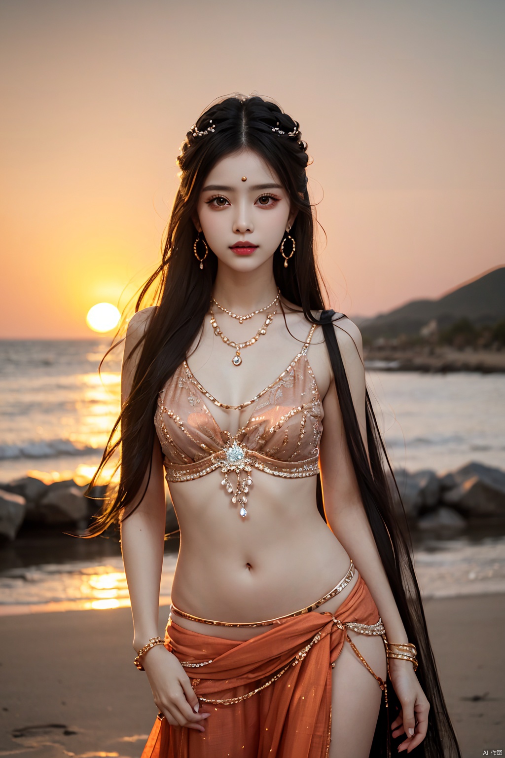  1girl, fire, long_hair, jewelry, solo, navel, earrings, nail_polish, sunset, black_hair, 