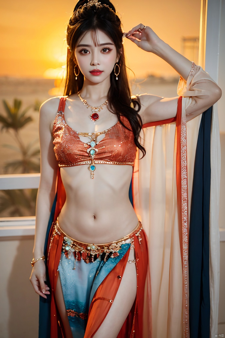  1girl, fire, long_hair, jewelry, solo, navel, earrings, nail_polish, sunset, black_hair, 