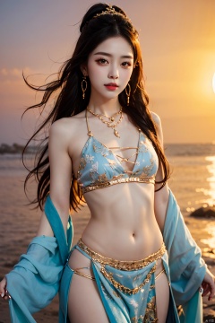  1girl, fire, long_hair, jewelry, solo, navel, earrings, nail_polish, sunset, black_hair, 